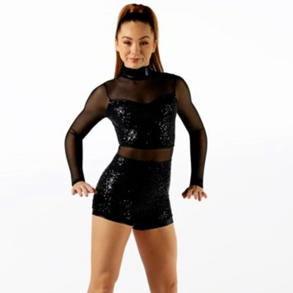 BLACK SEQUIN DANCE COSTUME. STYLE# SQ13864
